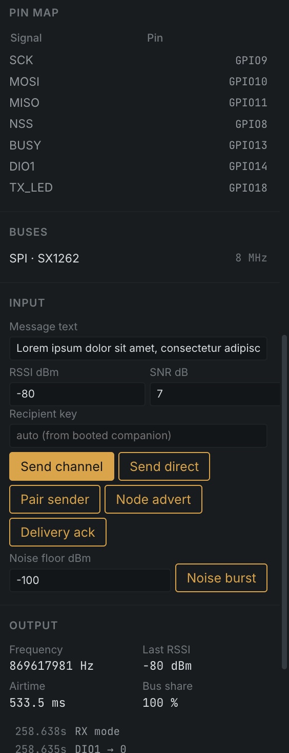 The Inspector for the SX1262 LoRa radio: its pin map and SPI bus, an Input section with message, RSSI and SNR fields and buttons to send a channel or direct message, pair a sender, send an advert or an ack, and an Output section showing frequency, last RSSI of -80 dBm and airtime.